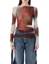 Jean Paul Gaultier Women Blurry Roses Medaillon Print Mesh Boat Neck Top In Brown