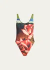 Jean Paul Gaultier Roses One-piece Swimsuit In 403050 Green Red