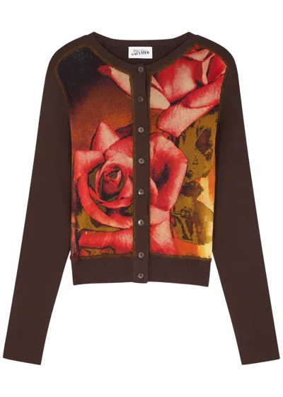 Jean Paul Gaultier Roses Printed Tulle And Knitted Cardigan In Brown