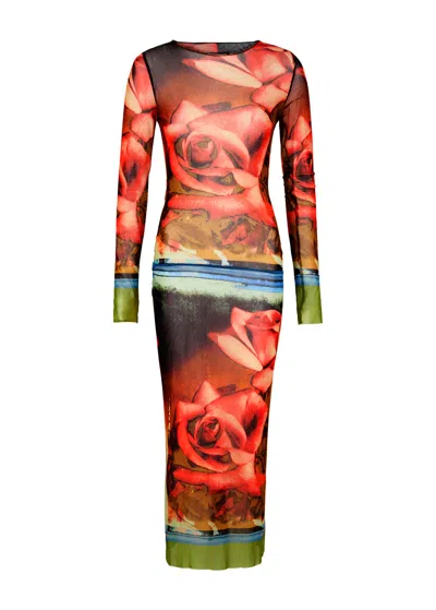 Jean Paul Gaultier Roses Printed Tulle Midi Dress In Multicoloured