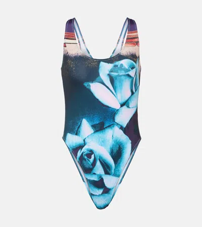 Jean Paul Gaultier Roses Swimsuit Woman Blu In Polyester In Purple  Blue  & Pale Pink