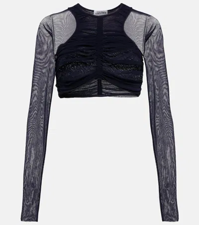 Jean Paul Gaultier Ruched Mesh Crop Top In Navy