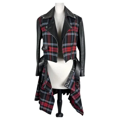 Pre-owned Jean Paul Gaultier Runway 2014 Plaid Leather Moto Kilt Coat Skirt Set It 40 In Black