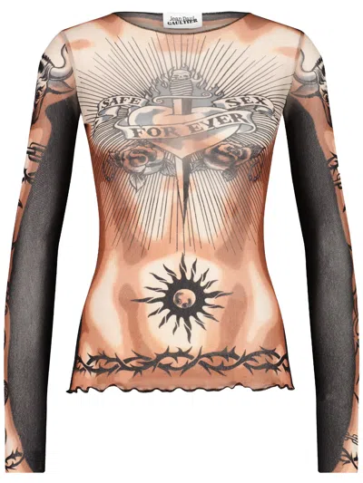 Jean Paul Gaultier Tattoo-inspired Sheer Long-sleeved Top With Bold Motifs In Brown