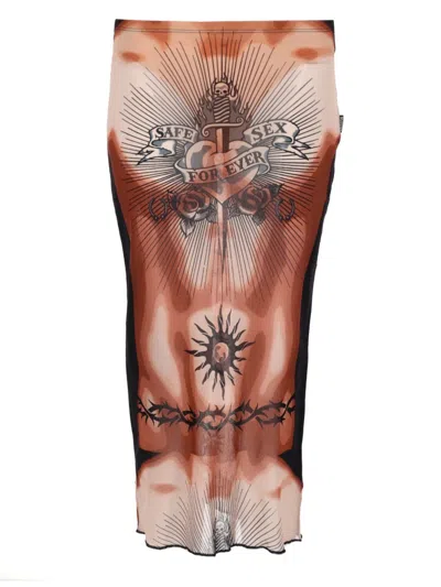 Jean Paul Gaultier Safe Sex Tattoo Print Midi Skirt In Multicolor