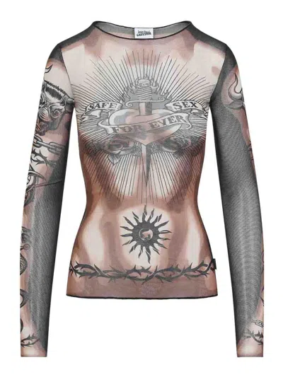 Jean Paul Gaultier Tattoo-inspired Sheer Long-sleeved Top With Bold Motifs In Brown