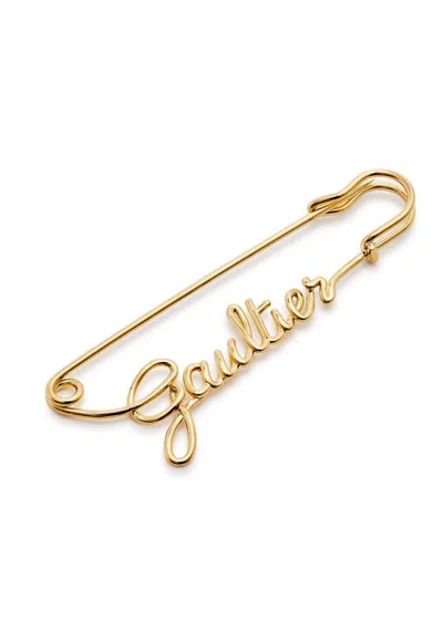 Jean Paul Gaultier Safety Pin Logo Metal Brooch In Gold