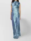 Jean Paul Gaultier Women Printed Long Sleeveless Satin Dress With Cuffling Detail On The Back In Blue