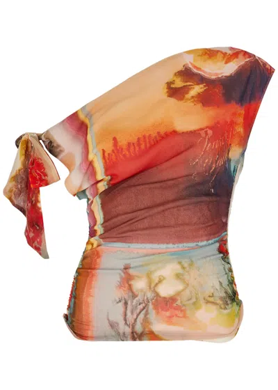 Jean Paul Gaultier Scarf Printed One-shoulder Tulle Top In Multi