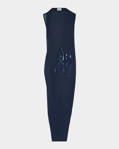 Jean Paul Gaultier Sequined Label Draped Mesh Maxi Dress In Blue