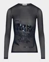 Jean Paul Gaultier Sequined Label Mesh Long-sleeve Top In Black