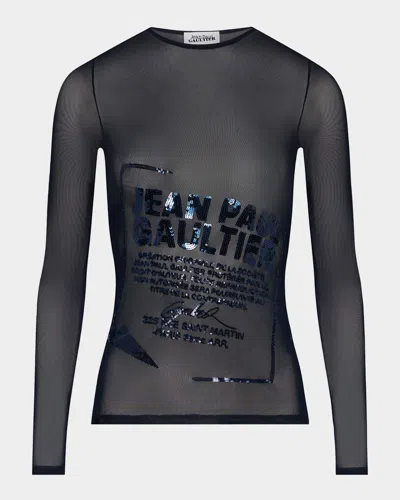 JEAN PAUL GAULTIER SEQUINED LABEL MESH LONG-SLEEVE TOP