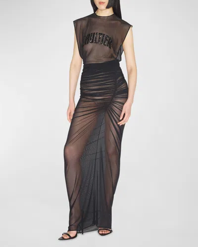 Jean Paul Gaultier Logo-embroidered Mesh Maxi Dress In Black
