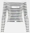 Jean Paul Gaultier Sequined Striped Off-shoulder Sweater In White/navy