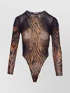 Jean Paul Gaultier Sheer Animal Print Long Sleeve Bodysuit In Black
