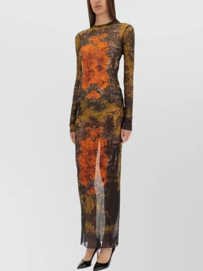 Jean Paul Gaultier Sheer Fabric Graphic Print Long Sleeve Dress In Green