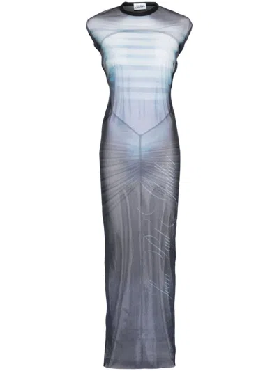 Jean Paul Gaultier Long Dress With Graphic Print And Sheer Fabric In Blue