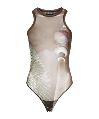 Jean Paul Gaultier Sheer Mesh Printed Bodysuit In Nude