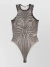 Jean Paul Gaultier Sheer Spiral Mesh Bodysuit With Crew Neck In Grey