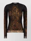 Jean Paul Gaultier Top Long Sleeves Mesh Printed Wood Woman Black And Brown In Brown