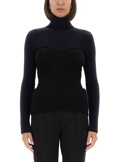 Jean Paul Gaultier Fitted Wool-blend Ribbed Knit Top In Blue