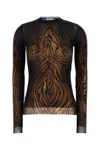 Jean Paul Gaultier Top Long Sleeves Mesh Printed Wood Woman Black And Brown In Brown