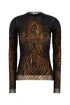 Jean Paul Gaultier Top Long Sleeves Mesh Printed Wood Woman Black And Brown In Brown