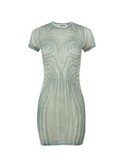 Jean Paul Gaultier Short Mesh Spiral Dress Ecru And Aqua