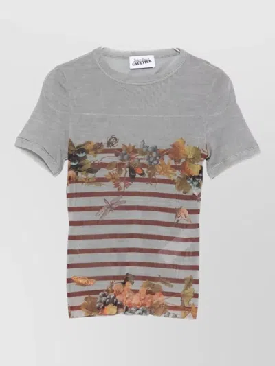 Jean Paul Gaultier Short Sleeve Round Neck Sheer Stripe Floral Top In Gray