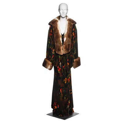 Pre-owned Jean Paul Gaultier Silk Velvet Fur Dress And Robe Ensemble, Fw 2005 In Black