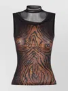 Jean Paul Gaultier Sleeveless Animal Print High Neck Sheer Top In Black