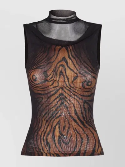 JEAN PAUL GAULTIER SLEEVELESS ANIMAL PRINT HIGH NECK SHEER TOP