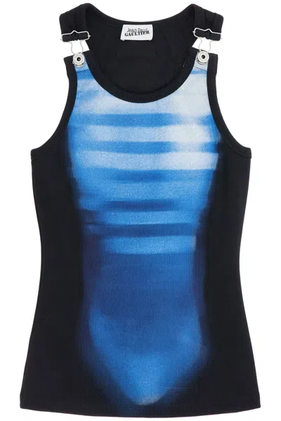 Jean Paul Gaultier Sleeveless Blue Cotton Striped Top Le Male With Wide Neckline In Multi