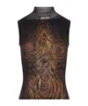 Jean Paul Gaultier Sleeveless Animal Print High Neck Sheer Top In Brown