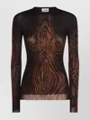 Jean Paul Gaultier Top Long Sleeves Mesh Printed Wood Woman Black And Brown In Brown