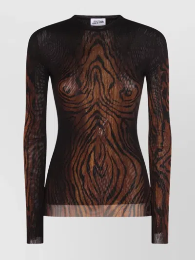 Jean Paul Gaultier Sleeves Animal Print Crew Neck Top In Brown