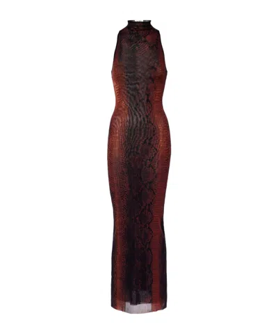 Jean Paul Gaultier High-neck Midi Dress With Snake Print In Silk And Nylon In Brown