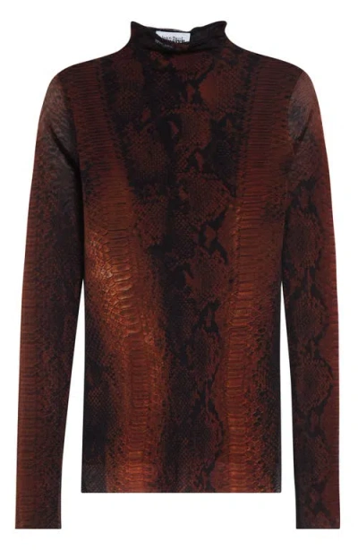 Jean Paul Gaultier Snakeskin Print Long Sleeve Mesh Top In Brown