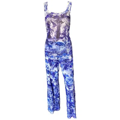 Pre-owned Jean Paul Gaultier Soleil S/s 1999 Flamingo Print Mesh Top & Pants 2 Piece Set In Purple