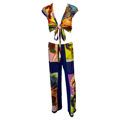 Pre-owned Jean Paul Gaultier Soleil S/s 2002 Portraits Faces Crop Top & Pants 2 Piece Set In Black