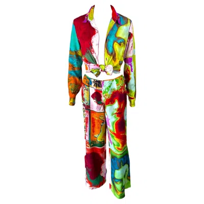 Pre-owned Jean Paul Gaultier Soleil S/s 2002 Portraits Faces Shirt Top & Pants 2 Piece Set In Sand