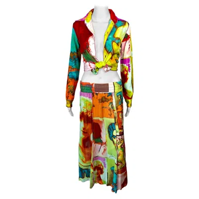 Pre-owned Jean Paul Gaultier Soleil S/s 2002 Portraits Faces Shirt Top & Skirt 2 Piece Set In Sand
