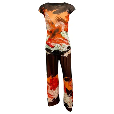 Pre-owned Jean Paul Gaultier Soleil Vintage Eagle Tattoo Print Top & Pants 2 Piece Set In Brown