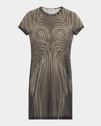 Jean Paul Gaultier Spiral Body Morphing-print Mesh Mini Dress In Black