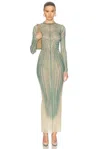 Jean Paul Gaultier Mesh Long Dress With Spiral Print And Ruffles In Ecru & Aqua