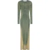 Jean Paul Gaultier Mesh Long Dress With Spiral Print And Ruffles In Ecru/aqua