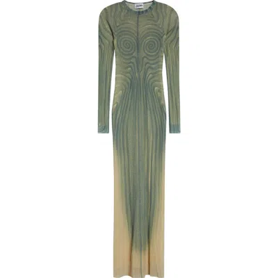 Jean Paul Gaultier Mesh Long Dress With Spiral Print And Ruffles In Green
