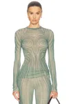Jean Paul Gaultier Crew Neck Sheer Spiral Print Top In Ecru & Aqua