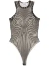 Jean Paul Gaultier Sheer Spiral Mesh Bodysuit With Crew Neck In Black