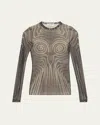 Jean Paul Gaultier Mesh Top With Geometric Pattern And Spiral Print In Blackgreyecru